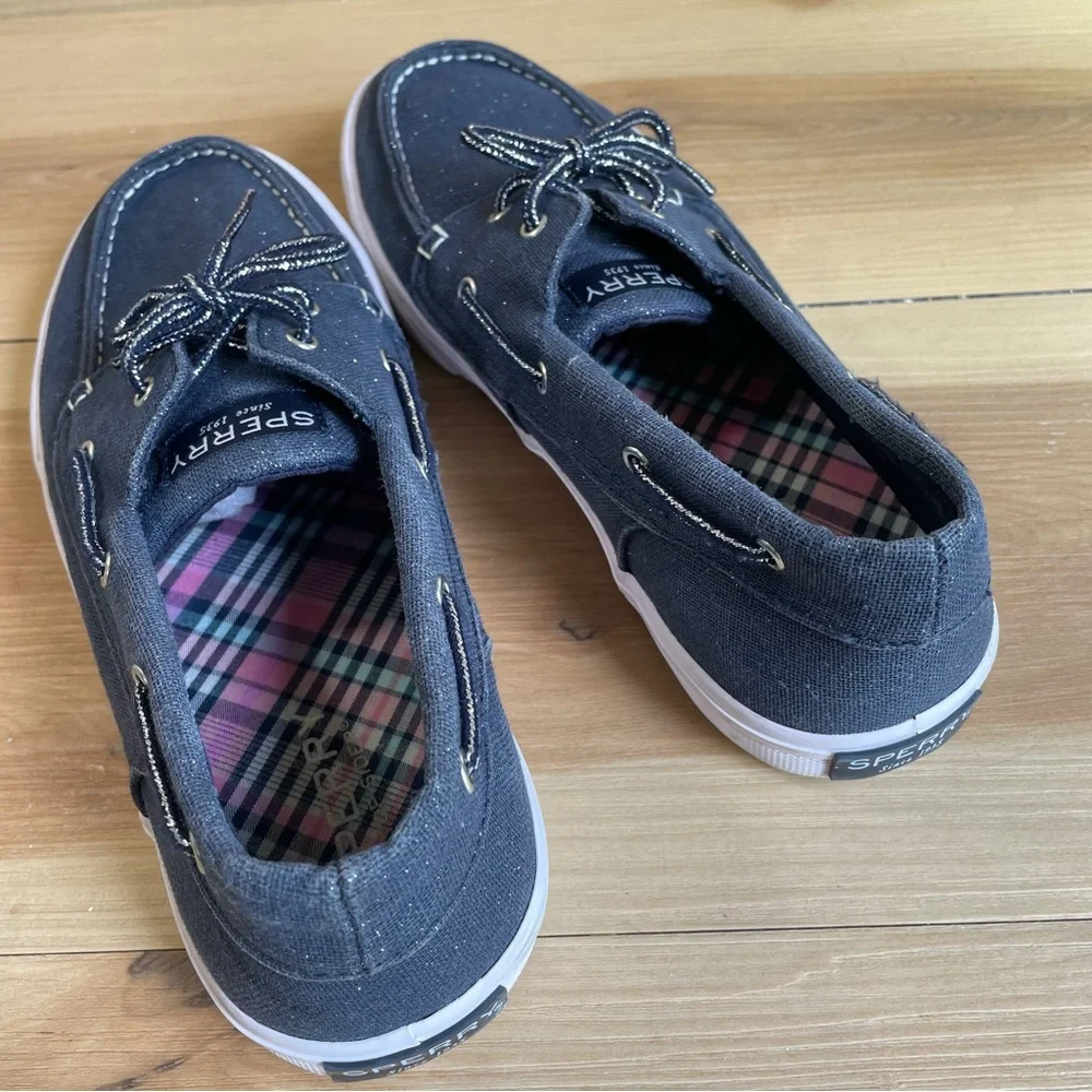 Sperry Women/girl’s Bahama Boat Shoe Slip On Loafer Navy Shimmer Sz 5.5